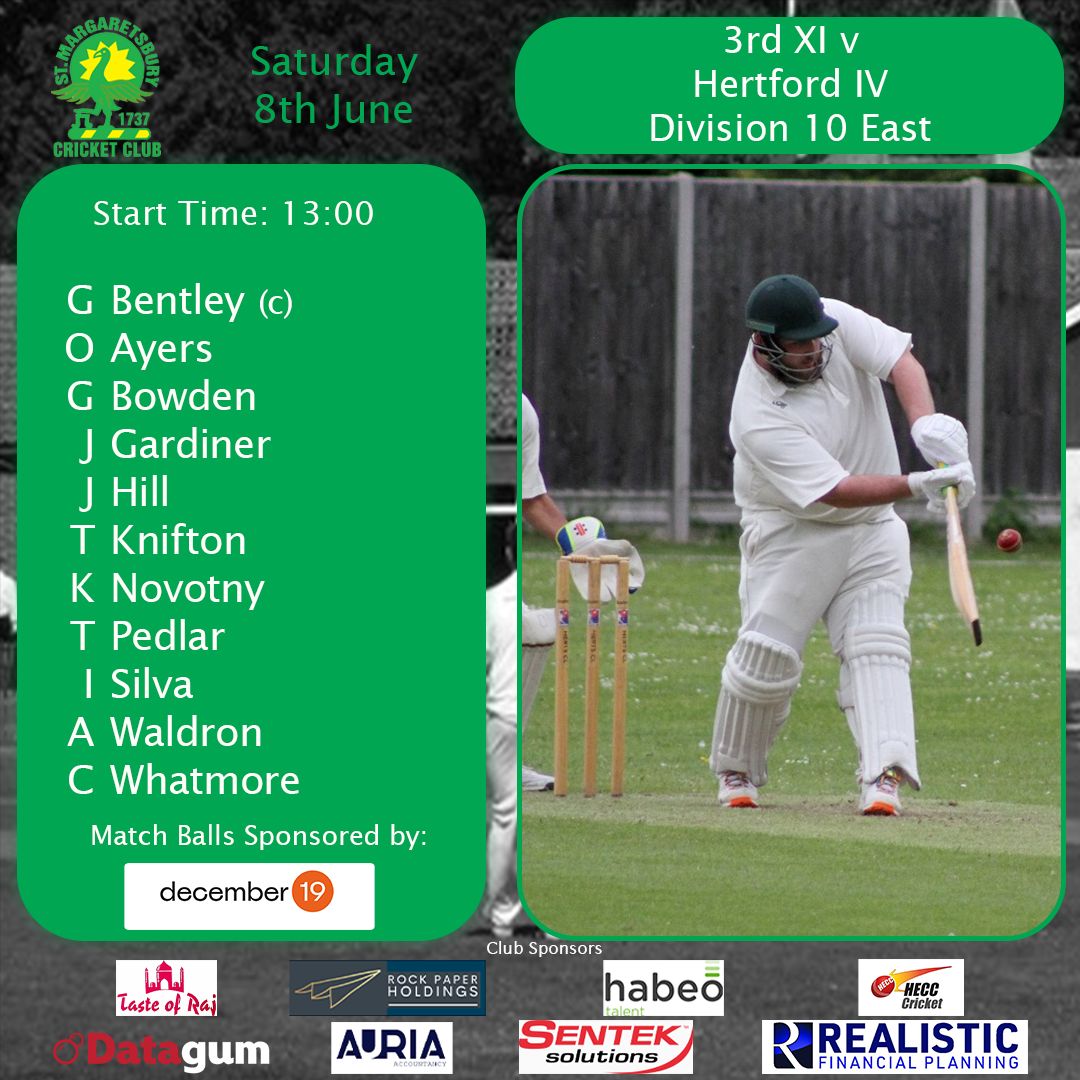 stmargscc's tweet photo. Teams for today's matches:
1s v Old Elizabethans (a)
2s v Old Elizabethans II (h)
3s v Hertford IV (h)
4s v Knebworth Park IV (a)
Matchs ball kindly sponsored by @december19media. December19, Home of smart media planning and buying.
#STMCC #UpTheBury https://t.co/Zi9J5UHNxD