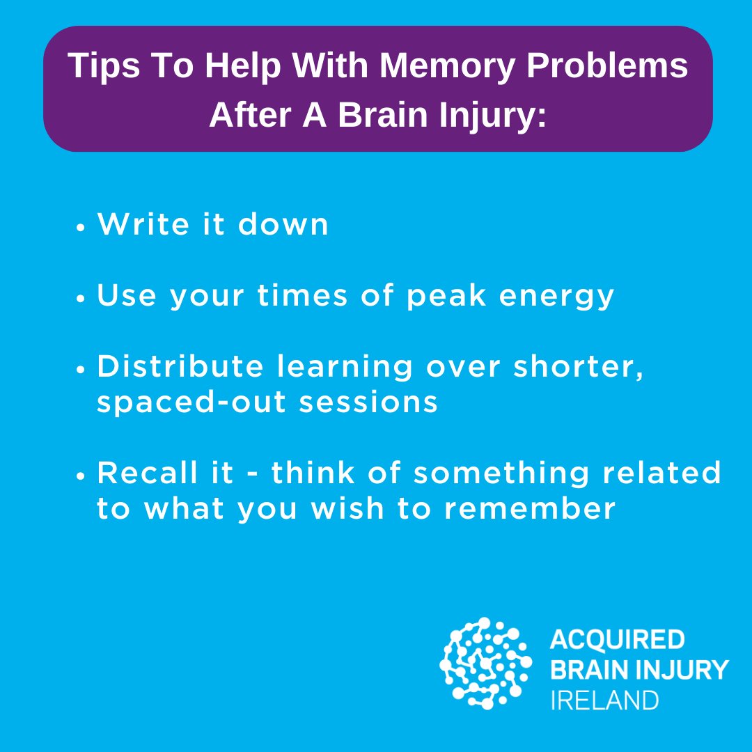 ABIIreland's tweet photo. After a brain injury, a person can be left with a range of symptoms, with the most common being fatigue, memory problems &amp; emotional changes. Today, we're going to focus on memory. We put together this short #TipSheet to help you remember things. 
#BrainInjury #MemoryProblems https://t.co/Gr7MM9KhWe