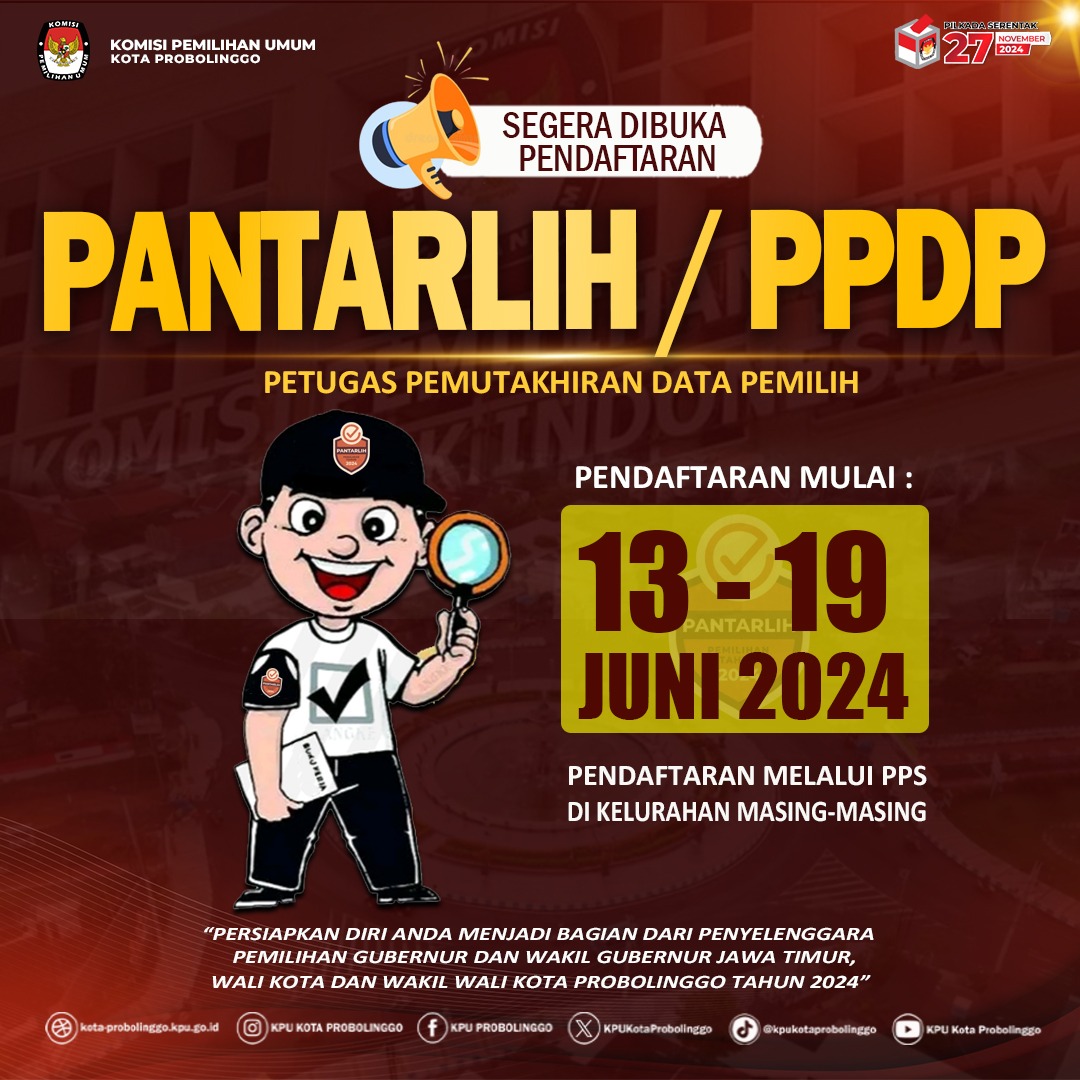 KPUKotaProb's tweet photo. #TemanPemilih KPU Kota Probolinggo Mengeluarkan Pengumuman Pendaftaran Pantarlih/Petugas Pemutakhiran Data Pemilih (PPDP) Mulai Tanggal 13-19 Juni 2024 Daftarkan Diri Anda Melalui PPS di Kelurahan Masing Masing.
#kpu_ri #kpujatim #ppdp https://t.co/p4nPGCmwpK