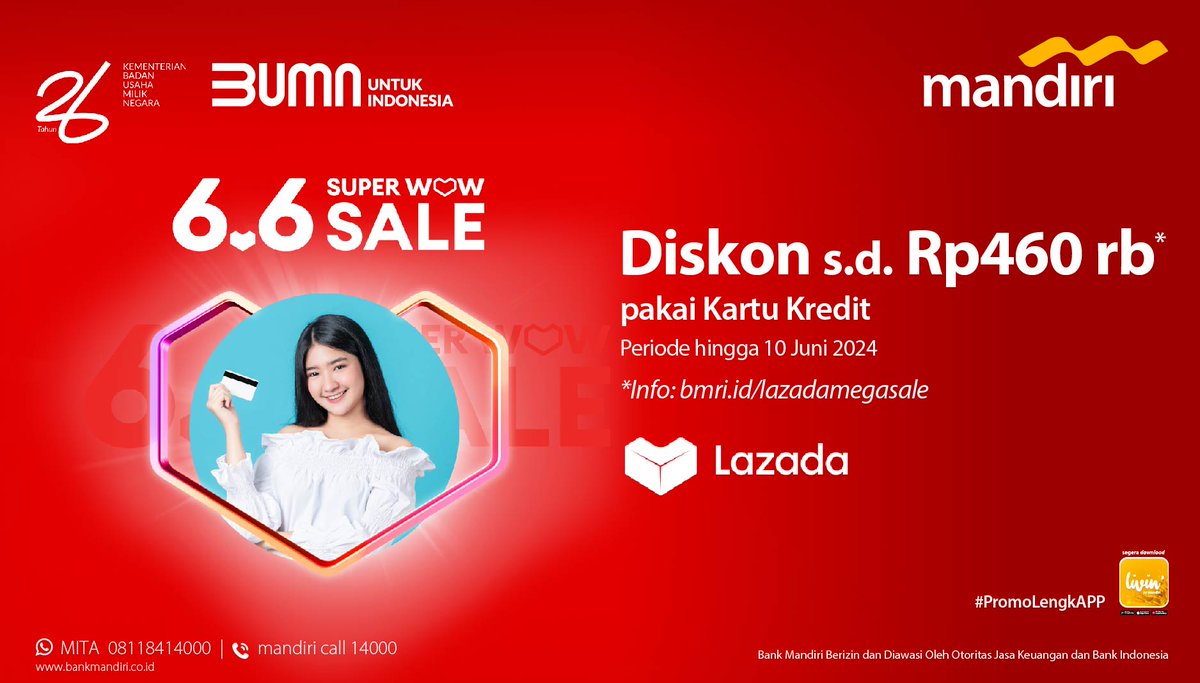 mandiricard's tweet photo. Tinggal 3 hari lagi buat dapetin diskon s.d. Rp460 ribu! ποΈβ²οΈ
Belanja sepuasnya di Lazada 6.6 Mega Sale pake Mandiri Kartu Kredit, bisa dapet diskon s.d. Rp450 Ribu!
Cek informasi lebih lanjut di https://t.co/OEudDdFdje
#Lazada
#MandiriKartuKredit
#PromoLengkAPP
#BankMandiri https://t.co/TocvjbNuYD