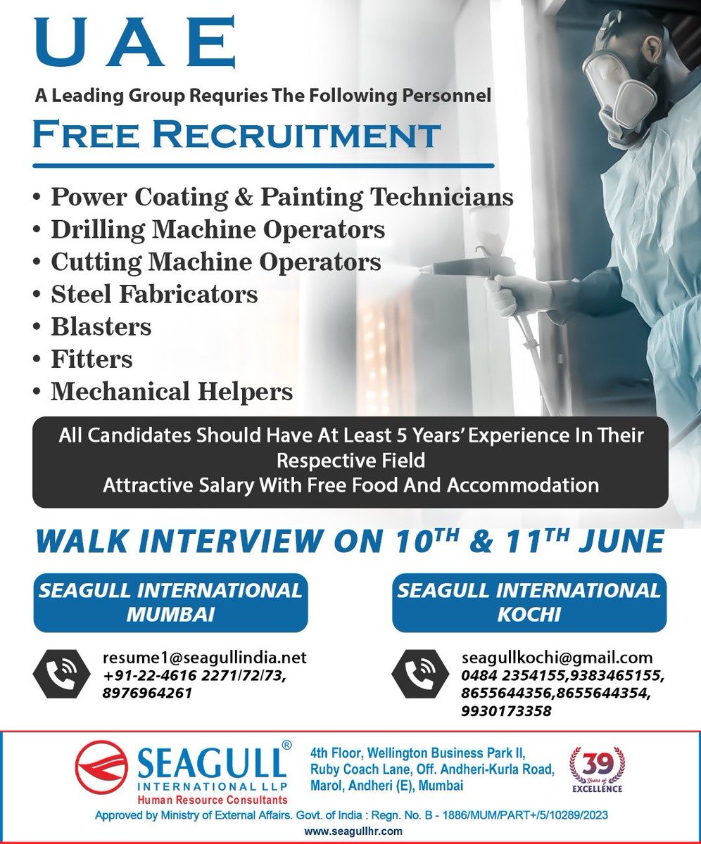 hrd1_seagull's tweet photo. 🇦🇪UAE Jobs
✔Free Recruitment
📝Walk In Interview On 10th & 11th June 2024
📍Location- Mumbai & Kochi
.
.
.
#uaejobs #seagull #powercoating #drillingmachineoperators #steelfabricators #blasters #mechanicalhelpers https://t.co/6cEHReWZoz