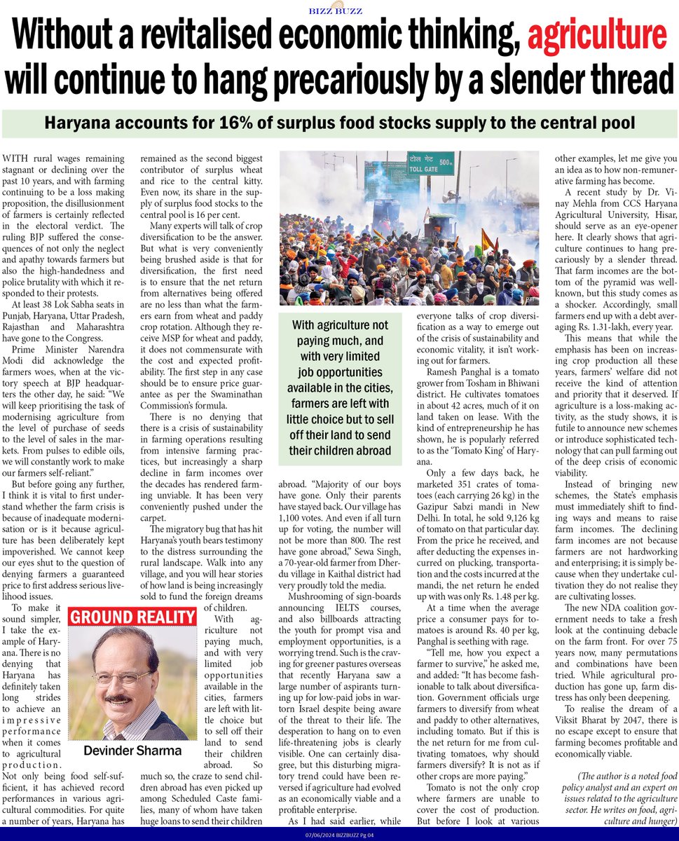 Devinder_Sharma's tweet photo. To realise the dream of a Viksit Bharat by 2047, there is no escape except to ensure that farming becomes profitable and economically viable. My article. #BizzBuzz. #farmincome #MSP #farmprotests https://t.co/dymHTR3Ijs