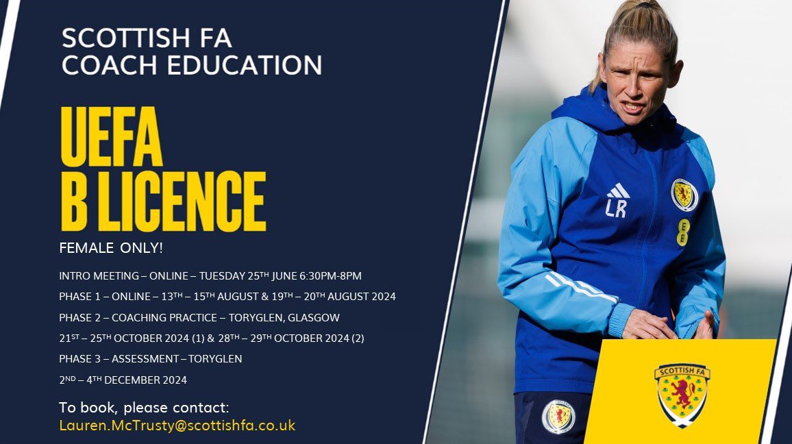 Greig Paterson (@grpat) on Twitter photo ‼️ QUICK RESPONSE REQUIRED ‼️
🗣️ Calling all female coaches with a UEFA C Licence 🪪
💴 Part-funded UEFA B Licence for female coaches
📧 ℹ️ Lauren.McTrusty@scottishfa.co.uk for all further information, booking and registration of interest
⏰ Be quick!
#ScottishFACoachEd ‼️ QUICK RESPONSE REQUIRED ‼️
🗣️ Calling all female coaches with a UEFA C Licence 🪪
💴 Part-funded UEFA B Licence for female coaches
📧 ℹ️ Lauren.McTrusty@scottishfa.co.uk for all further information, booking and registration of interest
⏰ Be quick!
#ScottishFACoachEd