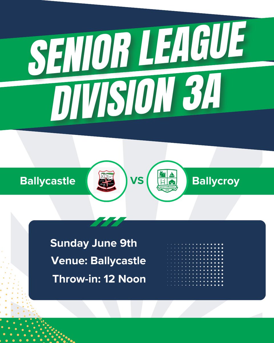 We travel to our north Mayo counterparts <a href="/Ballycastle_GAA/">Ballycastle GAA</a> tomorrow Sunday the 9th of June at 12 noon for the next round of the Mayo senior league division 3A.

Your support for the team is appreciated 🟢⚪️