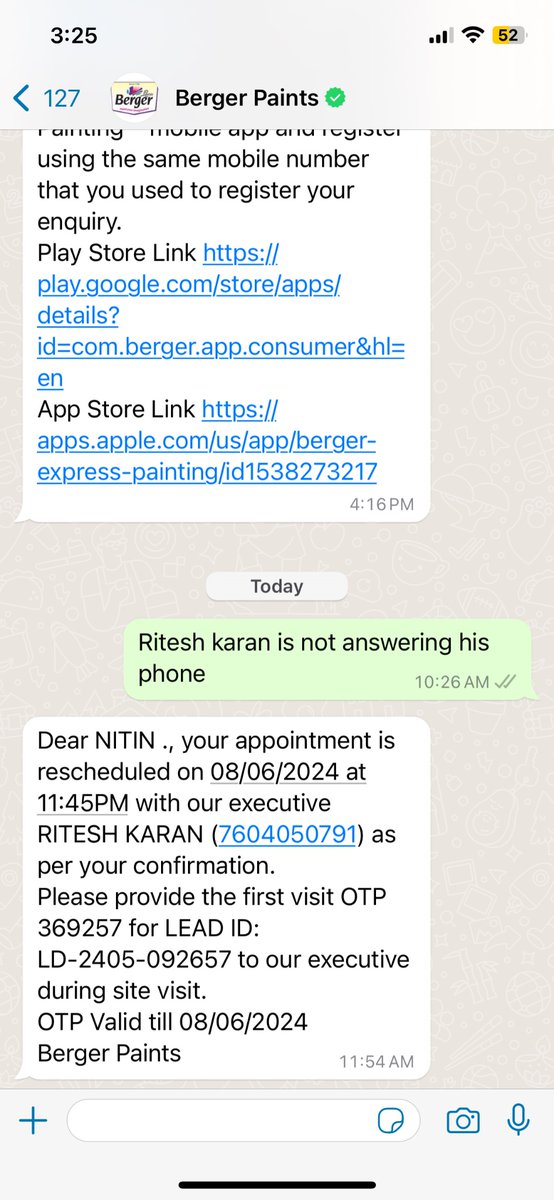 scorpiansaint's tweet photo. @BergerPaintsInd you really need to work on your chat software. One message for appointment yesterday, today same message At11:54 am even though the appointment was at 11:45am.
Another issue, I requested appointment for 10:30 am.
#shame Mr. @Bergerpaintsng https://t.co/M8T1QDWtLN