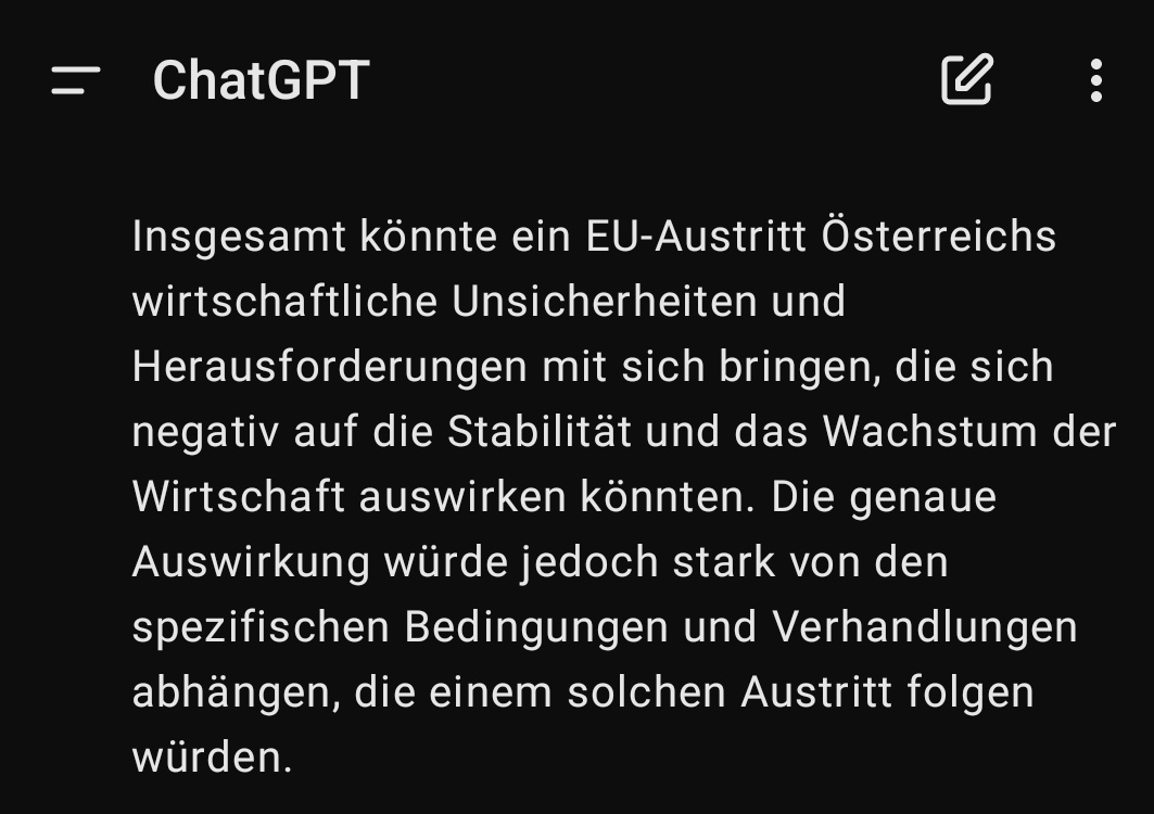 SaschaKokot's tweet photo. Wenn man schon als Politiker*in nicht selber etwas Hirnschmalz und Recherche einsetzen möchte kann man ja auch einfach ChatGPT fragen um politische Fragen und Herausforderungen zu betrachten. Aber ja. Wär ja zu einfach. #ÖXIT #EUWahl2024 #Gehtswöhn #EU https://t.co/a3bSKYIEyu