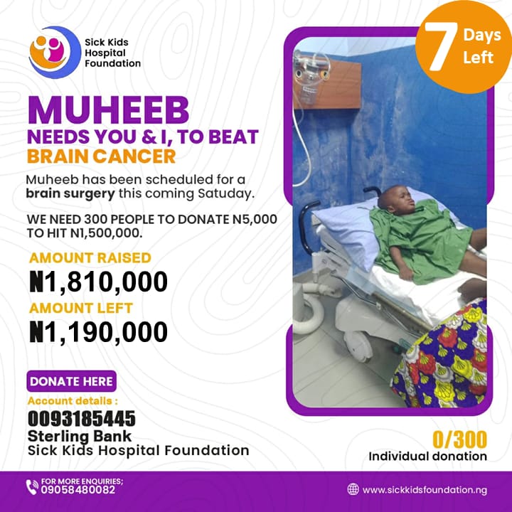 Iraadat_'s tweet photo. In 5 days, Muheeb will be going for his brain surgery.  We have made a deposit of ₦1.6m. We are hopeful that with your help we would complete the fundraiser. 

Muheeb still needs your help, share this post on your pages and with friends and families &amp;/or donate whatever you can. https://t.co/HJKyB5LPD8