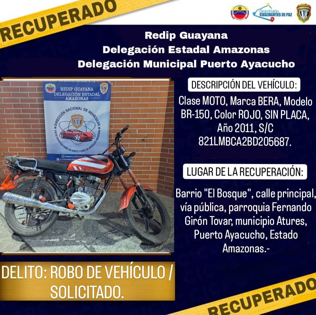 Cicpcamazonas's tweet photo. El CICPC Amazonas ejecutó un exitoso despliegue operativo donde se logró la recuperación de un vehículo tipo moto marca BERA, modelo BR-150, color rojo, que se encontraba solicitado por el delito de robo.
#SomosCICPC #PoliciaCientifica #PorLaVidaYLaPaz https://t.co/I3t8UvwPjy