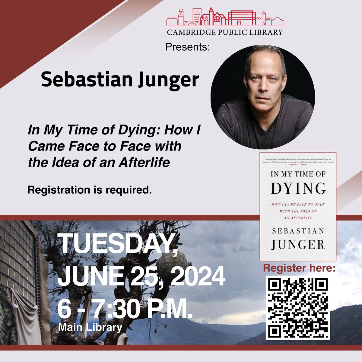Cambridge Public Library (@cambridgepl) on Twitter photo Join <a href="/sebastianjunger/">Sebastian Junger</a> in a discussion of his new memoir, "In My Time of Dying," on Tuesday, June 25, from 6-7:30 p.m. Register here: cambridgepl.libcal.com/event/12528493 Join <a href="/sebastianjunger/">Sebastian Junger</a> in a discussion of his new memoir, "In My Time of Dying," on Tuesday, June 25, from 6-7:30 p.m. Register here: cambridgepl.libcal.com/event/12528493