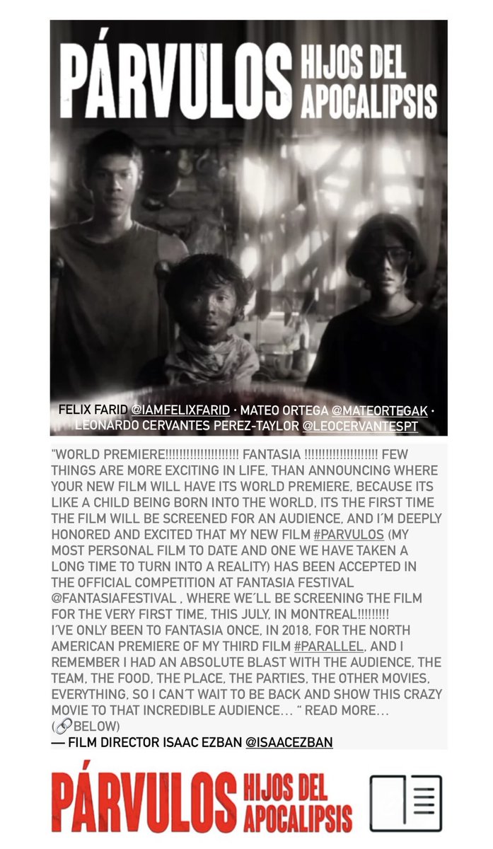 _mateoortega's tweet photo. "WORLD PREMIERE!!!!!!!!!!!!!!!!!!!! FANTASIA !!!!!!!!!!!!!!!!!!!! Few things are more exciting in life, than announcing where your new film will have its world premiere..."
— @IsaacEzban
Read More: https://t.co/XoCZlXtmRQ
#ParvulosHijosDelApocalipsis #párvulos #isaacezban #méxico https://t.co/xI9JmcZ2AF