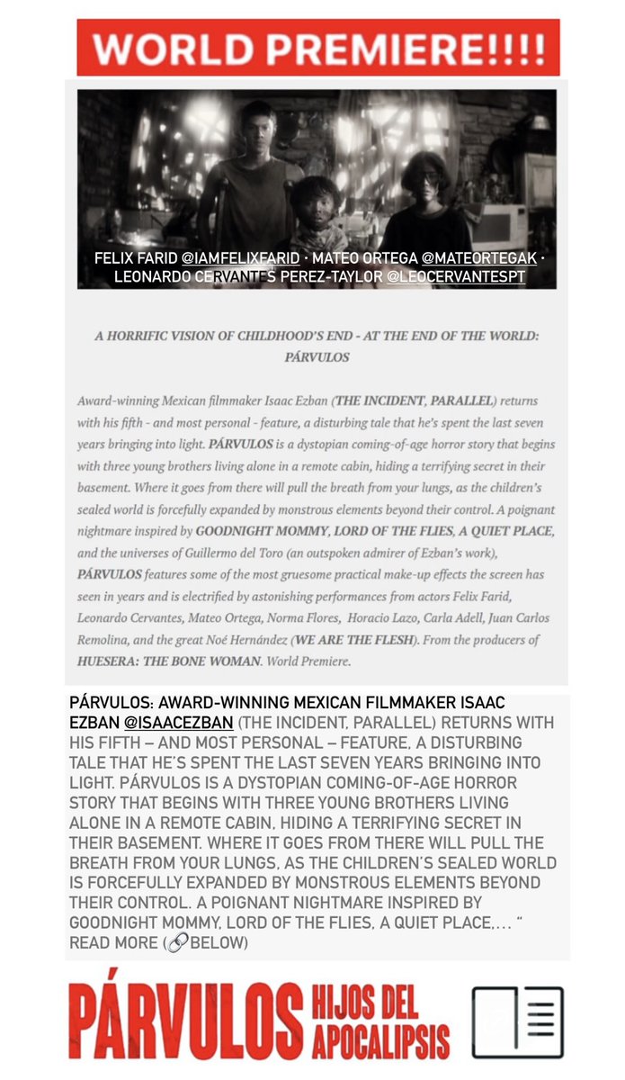 _mateoortega's tweet photo. "WORLD PREMIERE!!!!!!!!!!!!!!!!!!!! FANTASIA !!!!!!!!!!!!!!!!!!!! Few things are more exciting in life, than announcing where your new film will have its world premiere..."
— @IsaacEzban
Read More: https://t.co/XoCZlXtmRQ
#ParvulosHijosDelApocalipsis #párvulos #isaacezban #méxico https://t.co/xI9JmcZ2AF