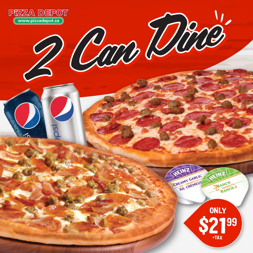CdnPizzaDepot's tweet photo. It's date night done right with our 2 Can Dine promo!🍴💕 

Enjoy a cozy evening with your favorite person and indulge in 2 small pizzas with 2 toppings each, plus 2 refreshing drinks, all for just $21.99+tax! 🍕 

Order now @ https://t.co/BSMBQgRwBN https://t.co/ZDL6fbSe58