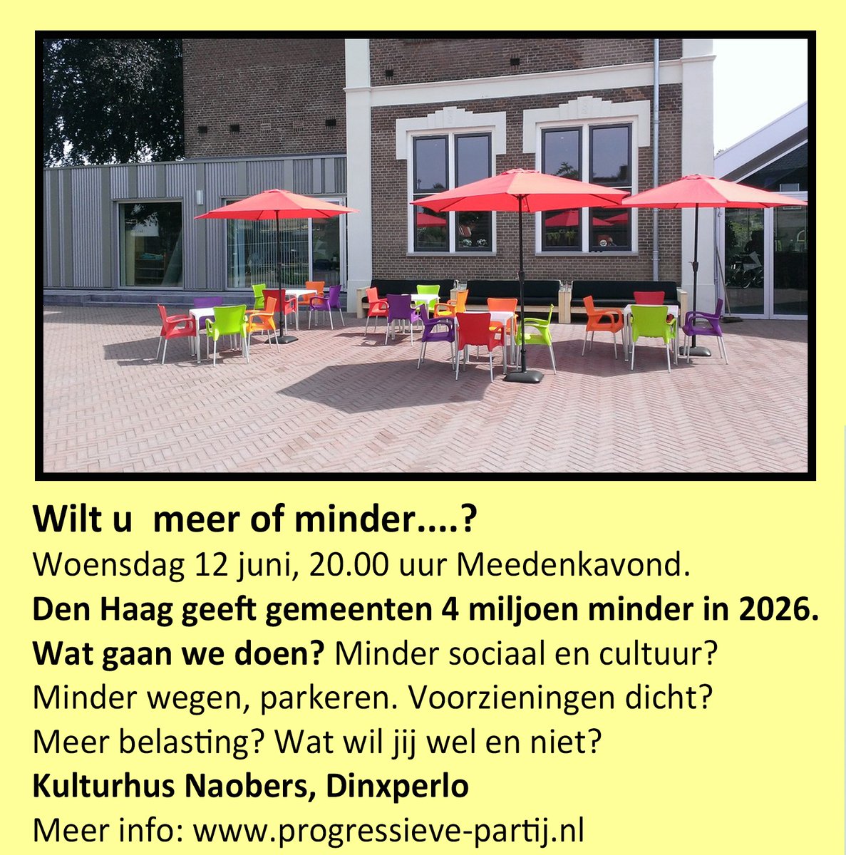 Iedereen is van harte welkom om mee te praten en mee te denken over de toekomst van onze gemeente.
Koffie en thee staan klaar.