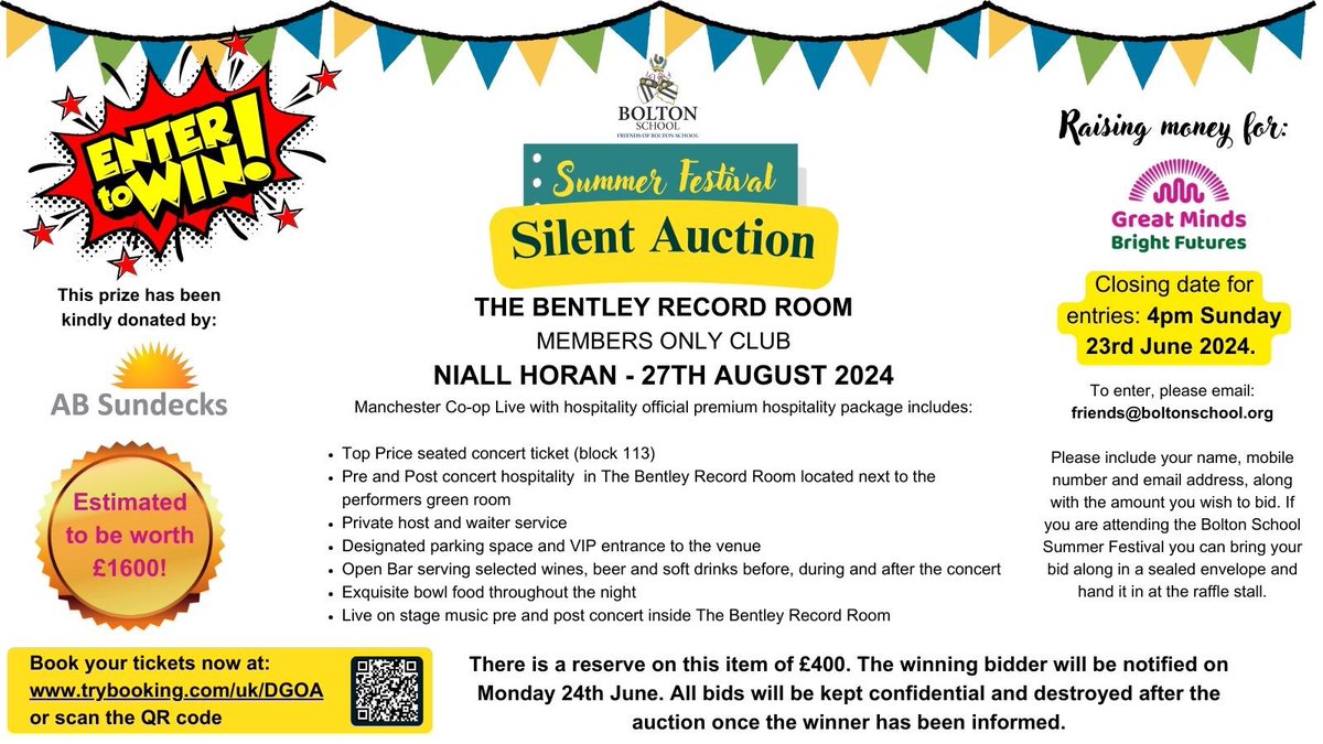 BSBDFriends's tweet photo. 🎉 Win an exclusive VIP experience  🎶
Premium hospitality package (worth £1600) Niall Horan, The Co-op Live Arena, 27th Aug 2024
Email friends@boltonschool.org with your bid (reserve: £400)
@ABSundecksltd @thecooplive 
Let the bidding begin! 🎁🎤  #CharityAuction https://t.co/ioLrmdCQik