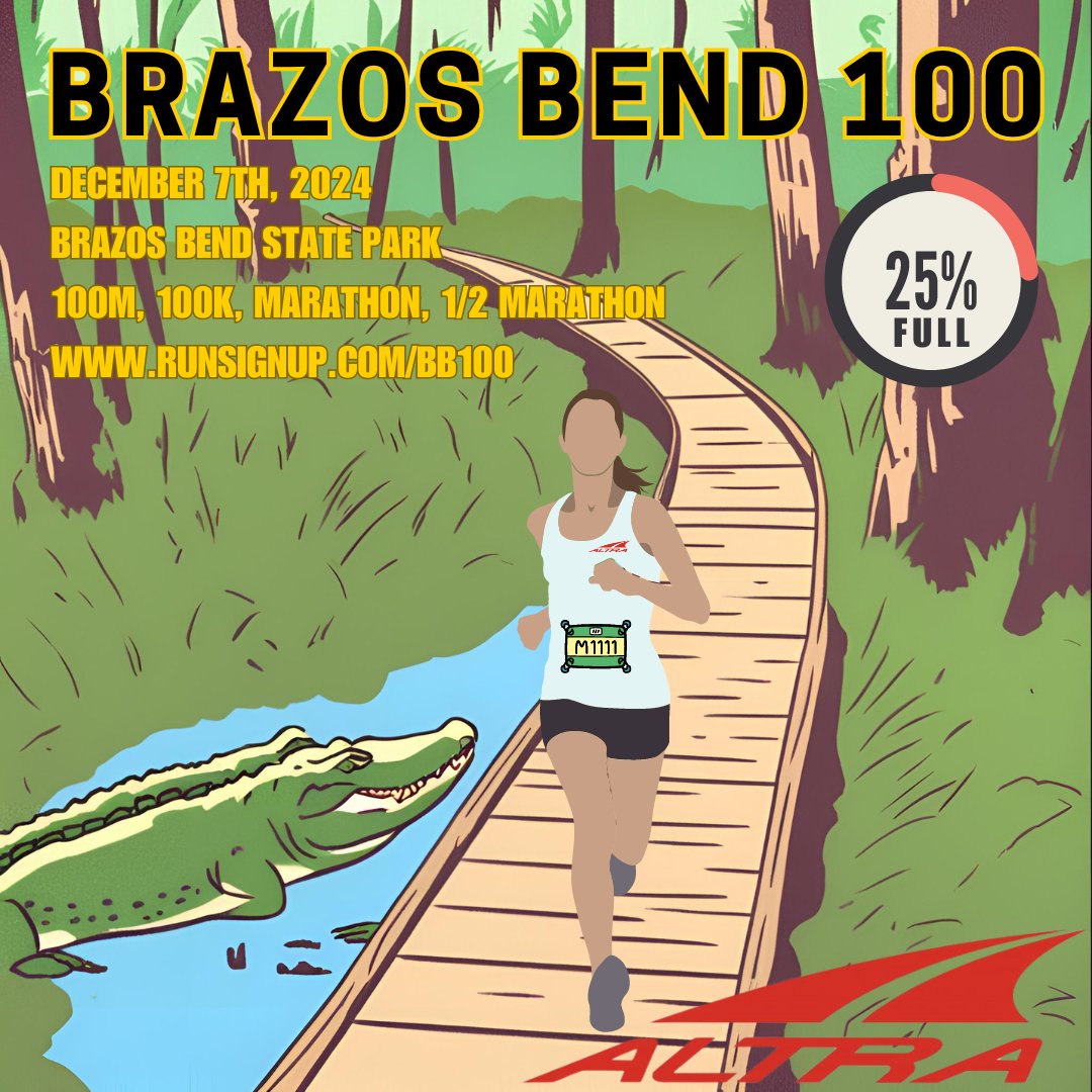 Brazos Bend 100 • December 7th, 2024
Brazos Bend State Park

Races include the marquee Western States Qualifier 100-mile event, 100k ultra, in addition to the marathon and half marathon.

Don’t miss your chance to run with the gators: Register on RunSignup.