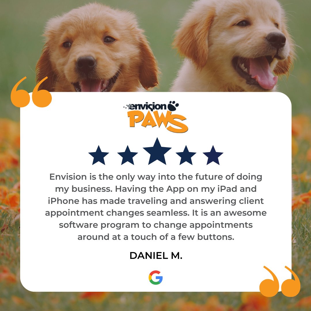 EnvisionPaws's tweet image. Thank you for the fantastic review! 🌟 We&apos;re thrilled to hear that Envision Paws is revolutionizing your business and making client appointment management seamless. Your success is our priority! #CustomerFeedback #BusinessOnTheGo #PetCareSuccess 🚀📱💼