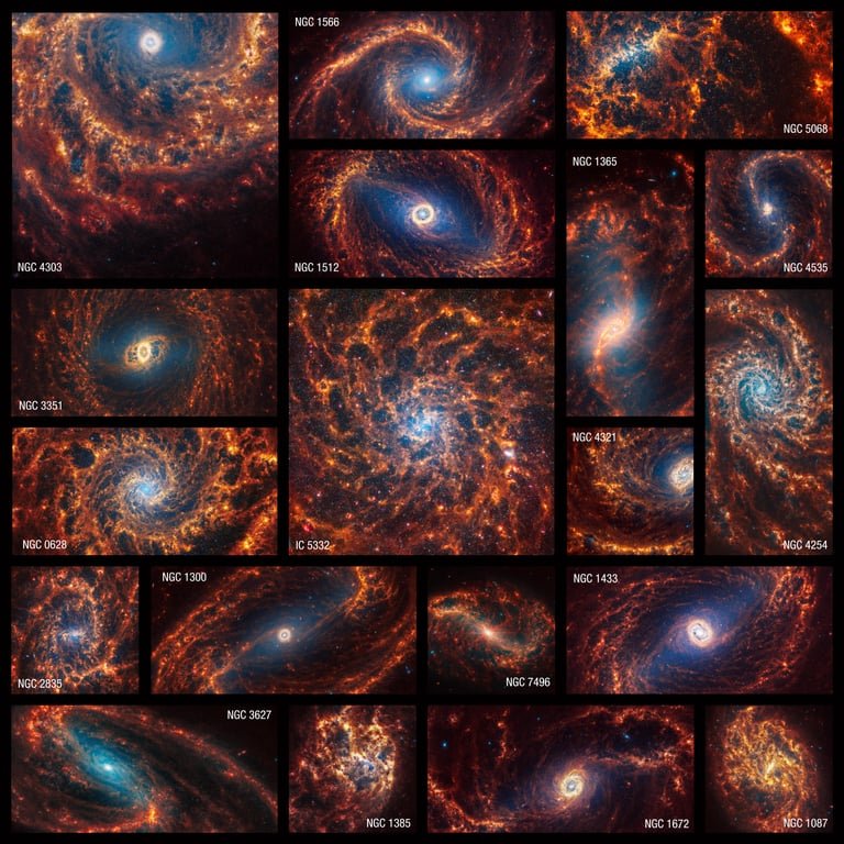 NASA’s James Webb Telescope releases highly detailed images of 19 nearby spiral galaxies.
