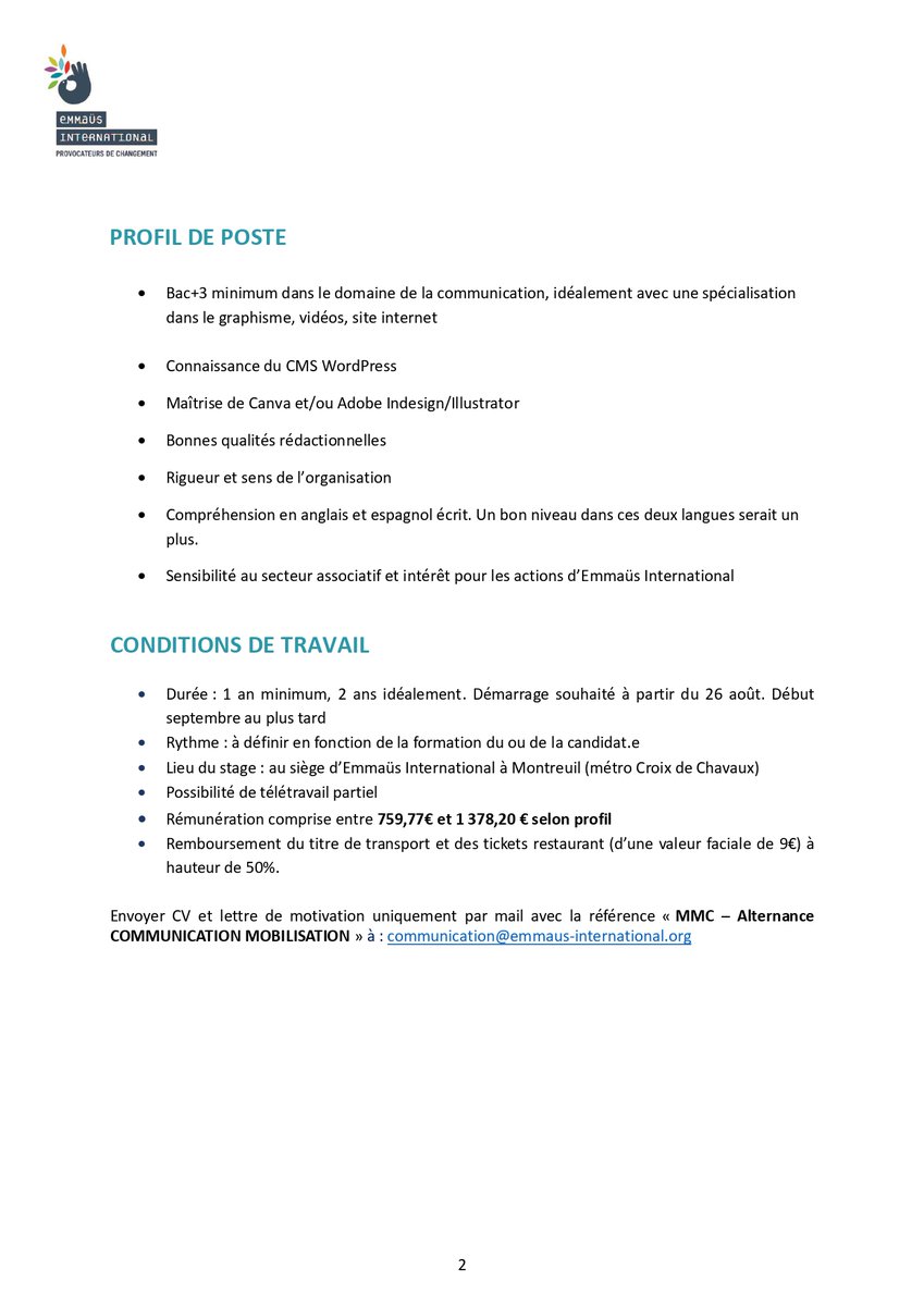EmmausInter_fr's tweet photo. 🤝Emmaüs International recrute un.e alternant.e communication-mobilisation !📍 Poste à pourvoir à partir de fin août et basé au siège de l’association à Montreuil📧CV et lettre de motivation par mail à communication@emmaus-international.org #recrutement #RH #alternance https://t.co/cO9nQzsSFt