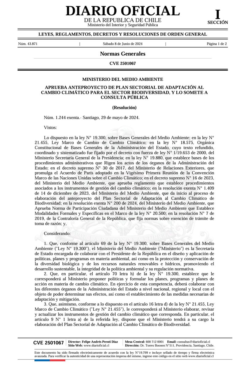📰Hoy se publica en el Diario Oficial Resolución exenta número 1.244, de 2024, del Ministerio del Medio Ambiente que aprueba anteproyecto de Plan sectorial de adaptación al cambio climático para el sector biodiversidad, y lo somete a consulta pública.
#biodiversidad
#adaptación
