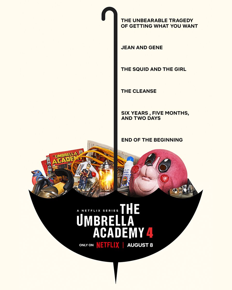 2 more months until you get to see what these episode titles mean 🪅🎅🦑🚇👽🌂 The Umbrella Academy’s final season premieres August 8!!!