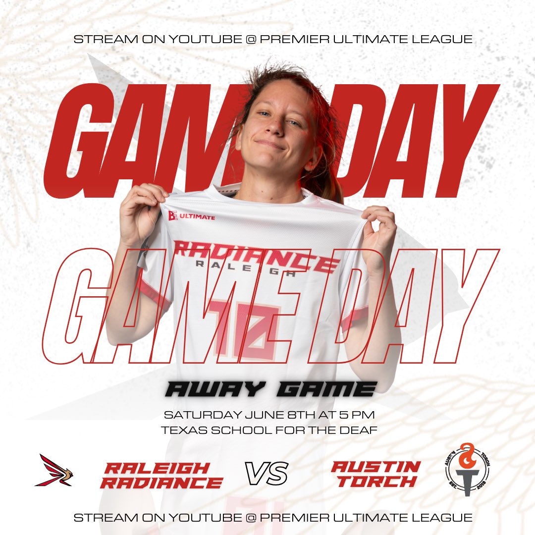 Raleigh Radiance (@raleighradiance) on Twitter photo GAME DAY ‼️
It’s game day in Austin 🔥 Tune is at 6pm to watch Radiance take on <a href="/atxtorch/">Austin Torch</a> for the last game of the regular season 🪽
📅 TODAY - 6PM EST
📺 youtube.com/live/e1YmavNTy…
#raleighradiance #wingsup #premierultimateleague
📸 @soo_digital_media GAME DAY ‼️
It’s game day in Austin 🔥 Tune is at 6pm to watch Radiance take on <a href="/atxtorch/">Austin Torch</a> for the last game of the regular season 🪽
📅 TODAY - 6PM EST
📺 youtube.com/live/e1YmavNTy…
#raleighradiance #wingsup #premierultimateleague
📸 @soo_digital_media
