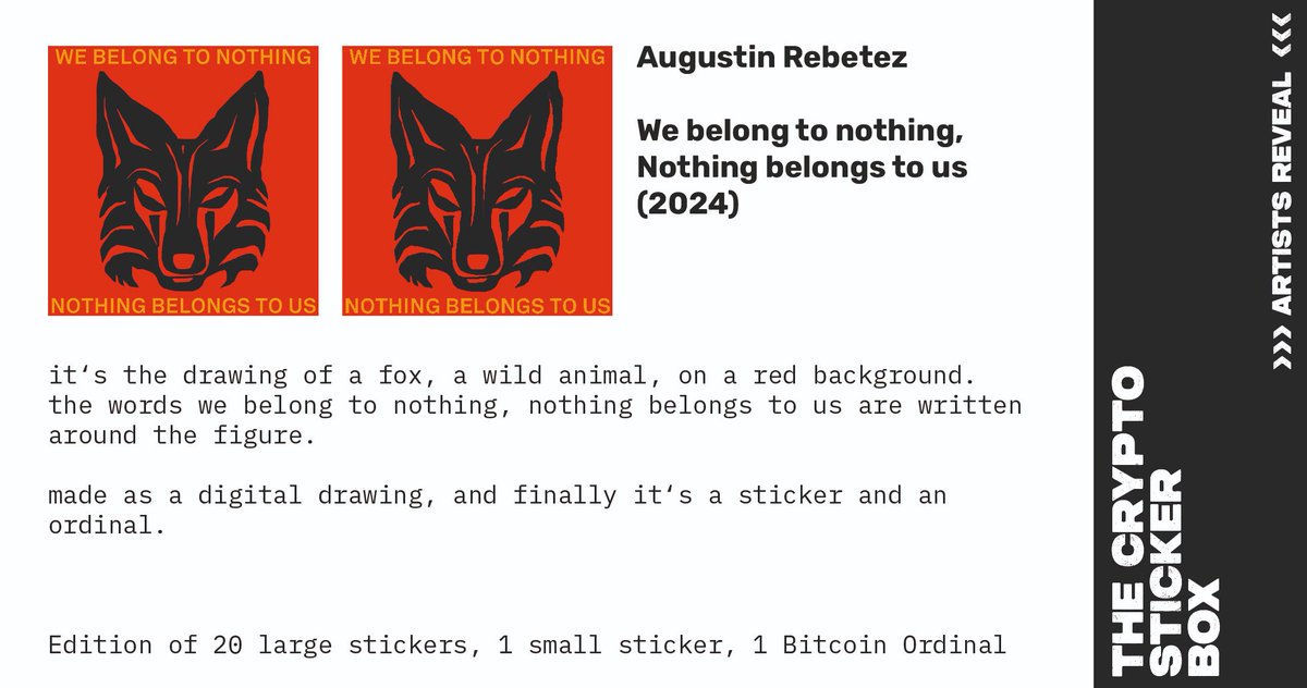stickerthing's tweet photo. THE CRYPTO STICKER BOX Edition 12/21:
Augustin Rebetez with "We belong to nothing, Nothing belongs to us"
(left image sticker, right image ordinal)
@guitar_whatever
https://t.co/DPuRs8BWhA
#cryptosticker #stickerculture #stickers #art #cryptoart #digitalart #analog #ordinals https://t.co/yO4KrAwa2Y