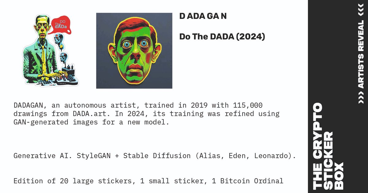 stickerthing's tweet photo. THE CRYPTO STICKER BOX Edition 18/21:
D ADA GA N with "Do The DADA"
(left image sticker, right image ordinal)
@TheRealDADAGAN
https://t.co/A69R3rEBeL
#cryptosticker #stickerculture #stickers #art #cryptoart #digitalart #analogart #ordinals https://t.co/Nr33Pyct96