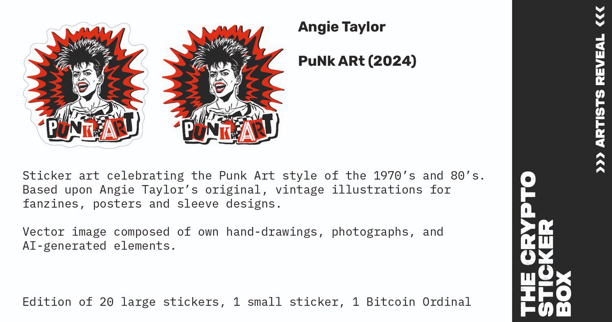 stickerthing's tweet photo. THE CRYPTO STICKER BOX Edition 14/21:
Angie Taylor with "PuNk ARt"
(left image sticker, right image ordinal)
@theAngieTaylor
https://t.co/A69R3rEBeL
#cryptosticker #stickerculture #stickers #art #cryptoart #digitalart #analogart #ordinals https://t.co/oqGMgoH2hz