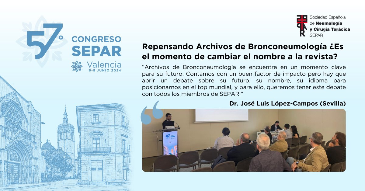 SeparRespira's tweet photo. ❓ ¿Es el momento de cambiar el nombre a la revista de #ArvhivosdeBronconeumología?
👉 El 57º Congreso Nacional SEPAR, el Dr. José Luis López-Campos asegura que la publicación está en un momento decisivo para su futuro.
#Respirasepar #eresepar https://t.co/b1RRU51hGr