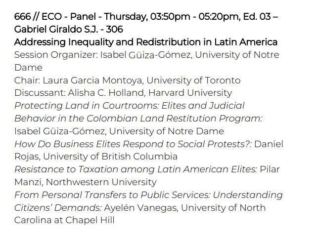 Isabel Güiza Gómez (@isabelguiza) on Twitter photo As <a href="/LASACONGRESS/">Latin American Studies Association (LASA)</a> is fast approaching, come and join us to talk about economic inequality, elites, and social movements in Latin America. Jueves 3:50 pm | Gabriel Giraldo - 306 <a href="/ProfTortuga/">Prof.Turtuga</a> <a href="/LauraGarciaMo/">Laura García Montoya</a> <a href="/pilar_manzi/">Pilar Manzi</a> <a href="/Aye_Vanegas/">Aye Vanegas</a> <a href="/darolo_99/">Daniel Rojas</a> As <a href="/LASACONGRESS/">Latin American Studies Association (LASA)</a> is fast approaching, come and join us to talk about economic inequality, elites, and social movements in Latin America. Jueves 3:50 pm | Gabriel Giraldo - 306 <a href="/ProfTortuga/">Prof.Turtuga</a> <a href="/LauraGarciaMo/">Laura García Montoya</a> <a href="/pilar_manzi/">Pilar Manzi</a> <a href="/Aye_Vanegas/">Aye Vanegas</a> <a href="/darolo_99/">Daniel Rojas</a>