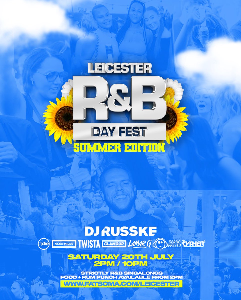 ☀️ LEICESTER R&amp;B DAY FEST ☀️

SUMMER EDITION 😎

HEADLINER <a href="/DJRUSSKE/">DJRUSSKE</a> 

JOINED BY <a href="/DjDre96/">DjDreUK</a> <a href="/alexmilesuk/">AM</a> Twista DJ <a href="/Glamourdon/">DJ Glamour</a> Lamar G <a href="/DEANOPRESTO/">DEANO PRESTO</a> DJ Cypher

SATURDAY 20th JULY 

2FUNKY CAR PARK 
LE35NH

🎟️ 🔗 fatso.ma/ZXHQ