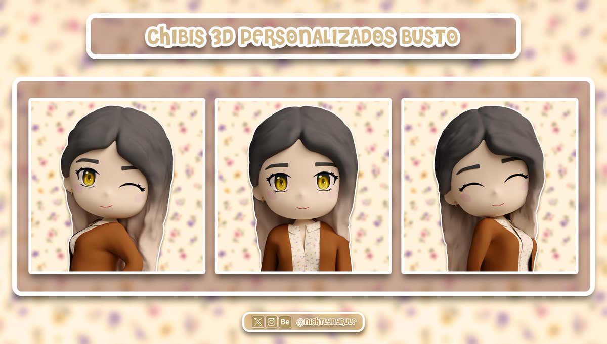 nightlynyrule's tweet photo. ¡Holi! ✨

A partir de ahora, también haré encargos de chibis TOTALMENTE personalizados en 3D, según la opción que elijáis tendrá un precio diferente. Podréis usarlas como imágenes de perfil, para ponerlo en stream, algún banner… Lo que queráis 💖

RT &amp; Like se agradecen  🌸🥹 https://t.co/ZrJJP0rtfw