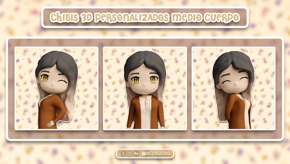 nightlynyrule's tweet photo. ¡Holi! ✨

A partir de ahora, también haré encargos de chibis TOTALMENTE personalizados en 3D, según la opción que elijáis tendrá un precio diferente. Podréis usarlas como imágenes de perfil, para ponerlo en stream, algún banner… Lo que queráis 💖

RT &amp; Like se agradecen  🌸🥹 https://t.co/ZrJJP0rtfw