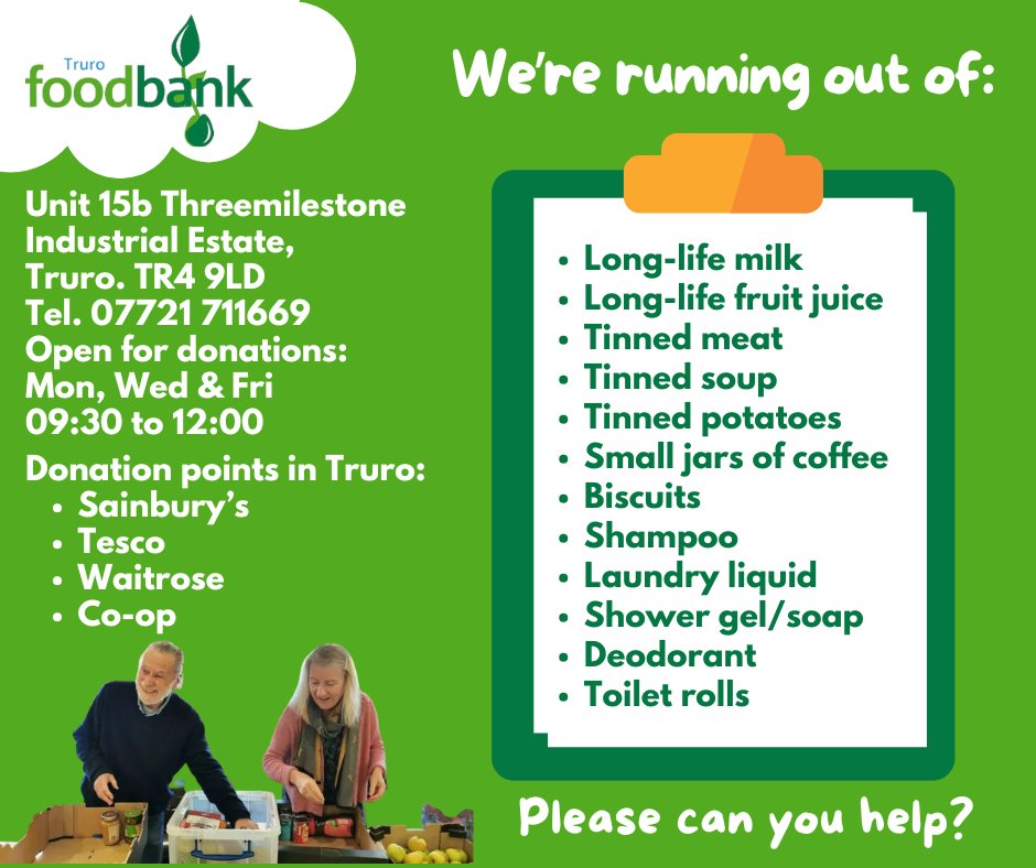Stock levels remain low. 
We're running out of these vital supplies for local people in food crisis. Please can you help by donating an item (or 2) &amp; dropping it in one of the donation bins in the supermarkets listed. 
Donations can also be brought to our store in Threemiestone.
