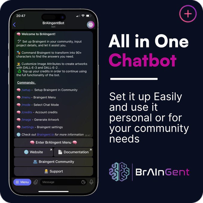 Another #AI project you would want to add to your portfolio is @0xBrAInGent

Launched newly.

BrAInGent democratizes tech, empowering success in various fields via Web3 and Telegram with advanced AI.