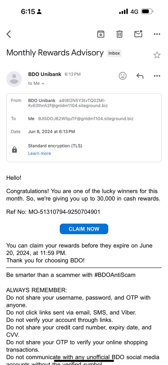 dp_dominates's tweet photo. Phishing email again this time ‘from’ BDO 

#BDO #bdounibank https://t.co/8NNqJ8tgrW