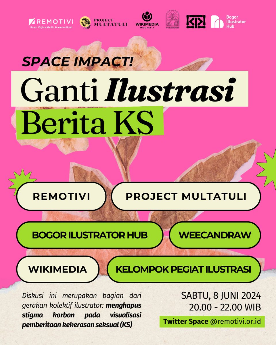 remotivi's tweet photo. Ngobrol di Twitter juga bisa berdampak. Ayo gabung di #SpaceImpact🚀
Remotivi bersama @projectm_org @wikimediaid dan komunitas² ilustrator ngajak kamu ambil peran untuk menghapus stigma korban dalam visualisasi berita KS.
Join space #GantiIlustrasiBeritaKS malam ini! https://t.co/ReMYKVyTMw