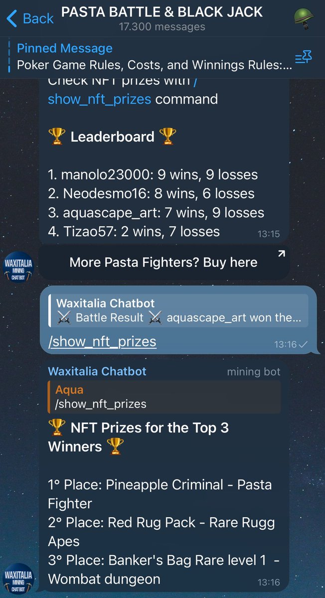 waxitalianft's tweet photo. Pasta Battle tournament  mode is always active on Waxitalia Telegram🔥 
Top 3 ranked will receive #nft prizes by
@waxitalianft 
@RareRuggApes 
@WombatDungeon 

Join waxitalianft #telegram group and start your battle!

https://t.co/dcWrs4S2kL

#NFTFam #nft #reward #WAXFAM #WAXNFT https://t.co/ArxqHIfXs9