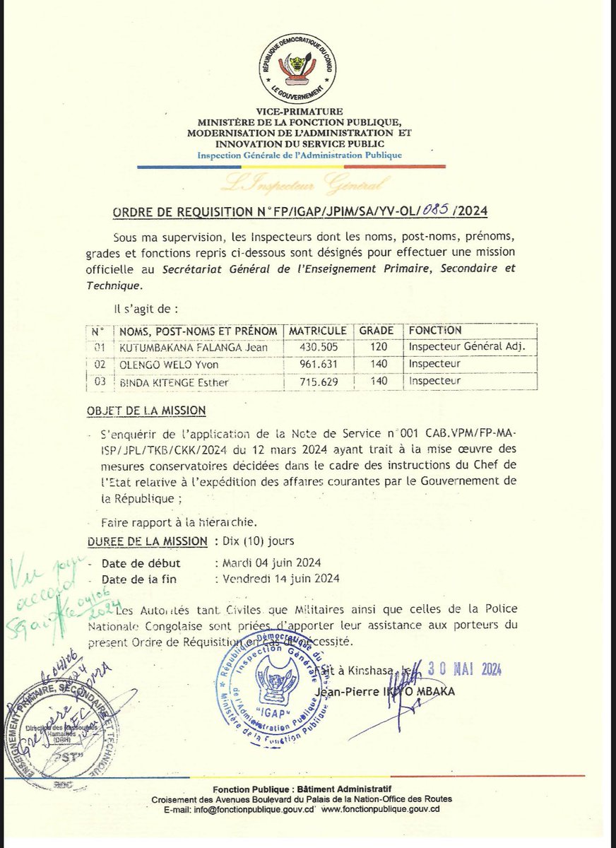 RDC_NewsFlash's tweet photo. #RDC|#Flash_Politique⚡️|
Le ministre de la Fonction Publique, Mr. Jean-Pierre Lihau, a dépêché 3 inspecteurs pour une mission de 10 jours, du 4 au 14 juin, au Secrétariat Général de l'Enseignement Primaire, Secondaire et Technique.
@LihauEbua @FP_RDC @MinisterEPST https://t.co/j7H0GoxjiN