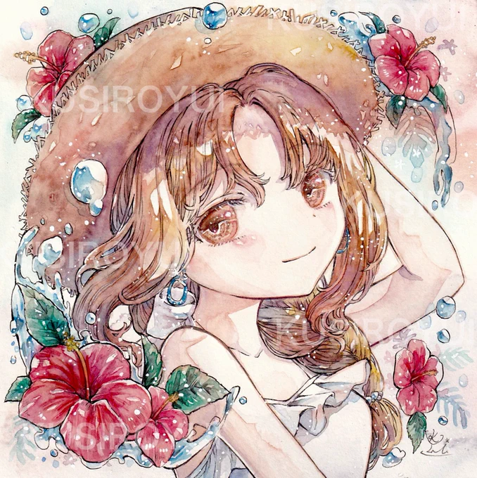 「ハイビスカス」夏の花ハイビスカスともみじちゃん#アナログイラスト #透明水彩 