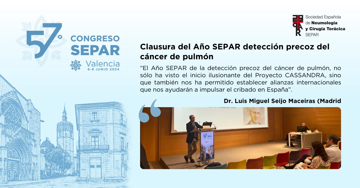 SeparRespira's tweet photo. 🫁 En la clausura del Año SEPAR dedicado a la detección precoz del cáncer de pulmón, el Dr. Luis Miguel Seijo ha resumido las actividades y avances logrados en los últimos meses.
#Respirasepar #eresepar https://t.co/S59bwgnWPn