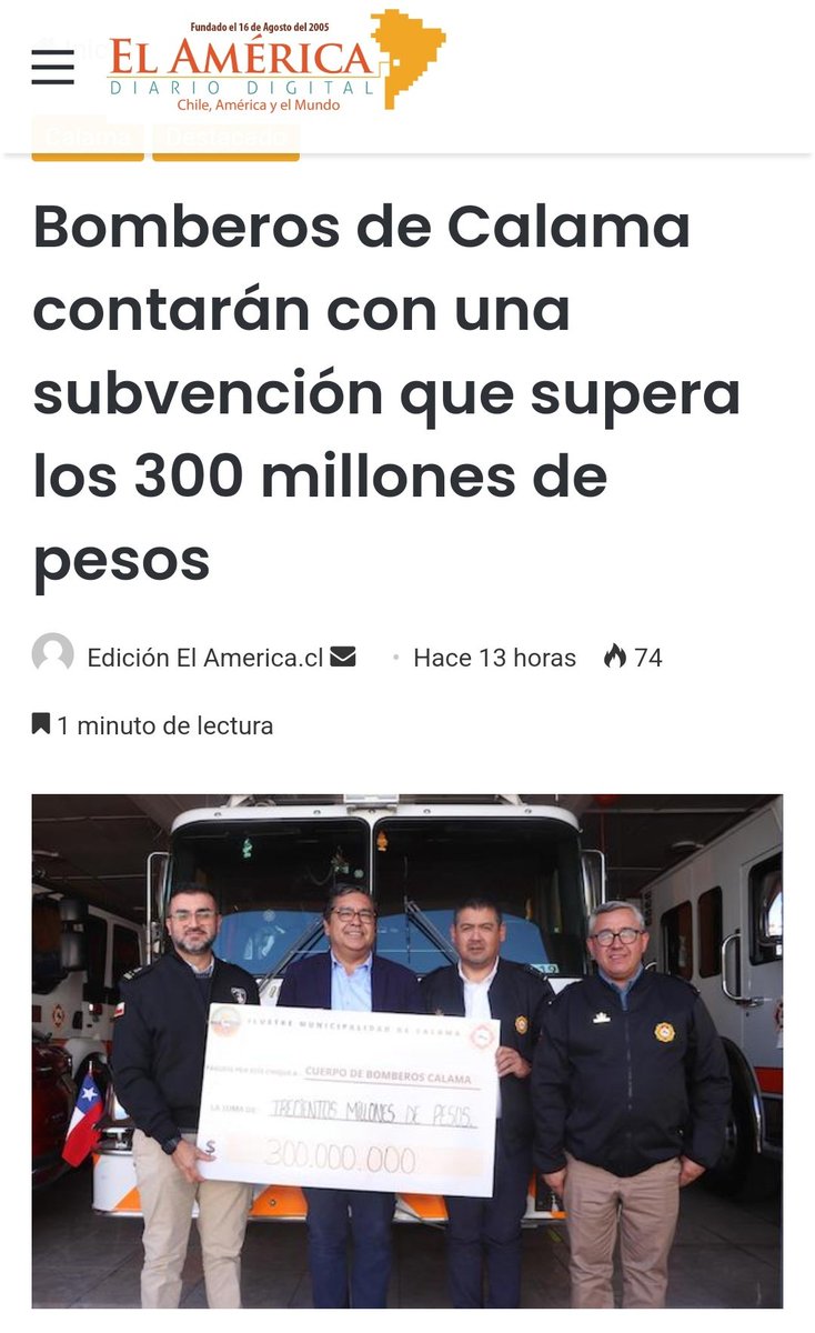 𝗣𝗥𝗘𝗡𝗦𝗔 | #Bomberos de #Calama contarán con una subvención que supera los 300 millones de pesos.

Detalles elamerica.cl/2024/06/07/bom…