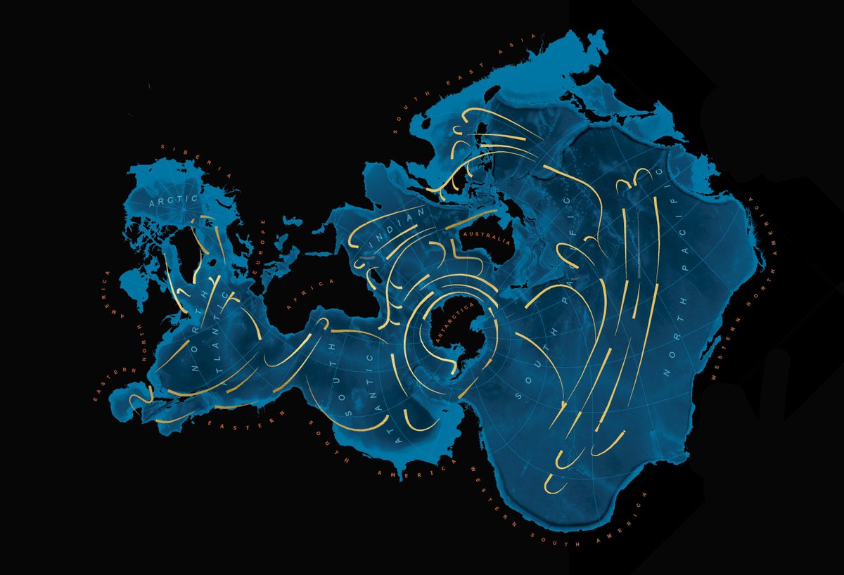 Happy #WorldOceanDay!

The Earth's ocean is vast, and yet it often seems invisible. We had to go into space to really appreciate that the defining feature of our planet is not land but water.

🗺️: <a href="/John_M_Nelson/">John Nelson</a> for the cover of <a href="/helenczerski/">Helen Czerski</a>'s book, Blue Machine.