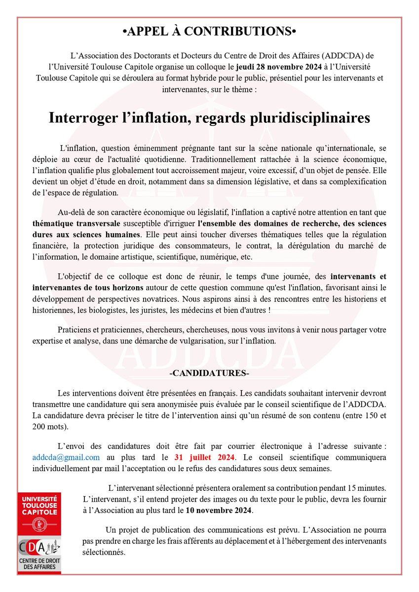 Cette année le colloque de <a href="/ADDCDA_UTCAP/">ADDCDA</a> a une idée en tête : la pluri-disciplinarité !

Autour d'un mot commun, l'inflation, rassemblons plusieurs disciplines pour venir nous dire que ce mot signifie dans votre domaine, les enjeux et concepts au delà même de son sens habituel.