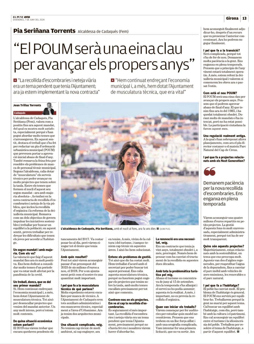 AjCadaques's tweet photo. 📢 "El POUM serà una eina clau per avançar els propers anys" 🏛️🛠️, entrevista a Pia Seriñana, alcaldessa de Cadaqués, publicada ahir al Punt Avui.

📰 Llegeix s’entrevista as següent enllaç: [https://t.co/EU2FbLFcq8](https://t.co/EU2FbLFcq8)

#aCadaqués https://t.co/TNsvLOnKX4