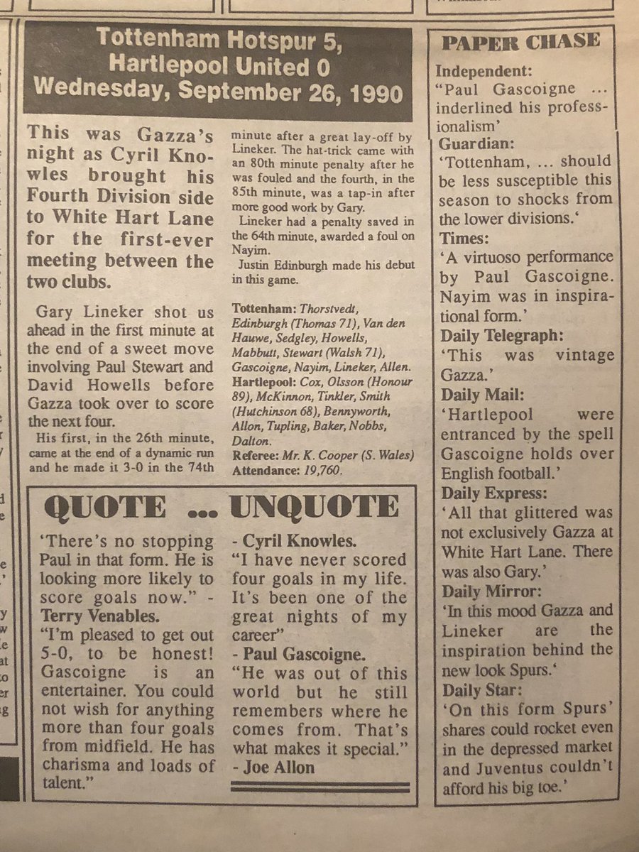 #SpursNews October 1990 has a report on <a href="/SpursOfficial/">Tottenham Hotspur</a> 5 <a href="/Official_HUFC/">Hartlepool United</a> 0 in the League Cup which was Justin Edinburgh’s debut. 5 years since we lost #JustinEdinburgh who will never be forgotten. <a href="/JE3Foundation/">Justin Edinburgh 3 Foundation</a> <a href="/Charliedinburgh/">Charlie Edinburgh</a> #Tottenham #COYS