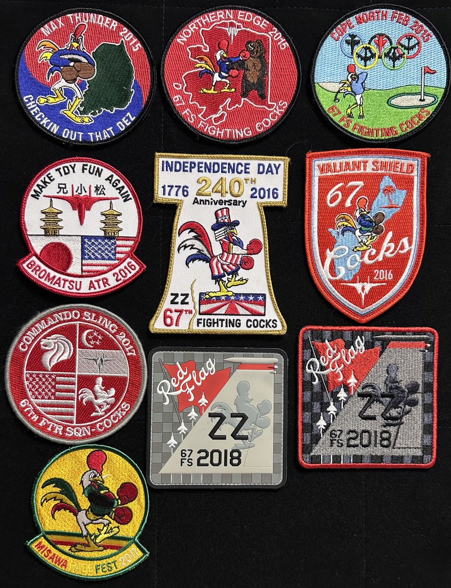 lukegetsno's tweet photo. 67th Fighter Squadron “Fighting Cocks”
日付ネタではありませんが…昨日の続きで
67FSのパッチを並べてみました🐔
1枚目はバリエーションですが67FSのコレクション数が多いので2枚目からは2001年から2018年までパッチに年号が入ってるものをピックアップしてみました🦅
#パッチセラピー https://t.co/UaUPuLj5fp