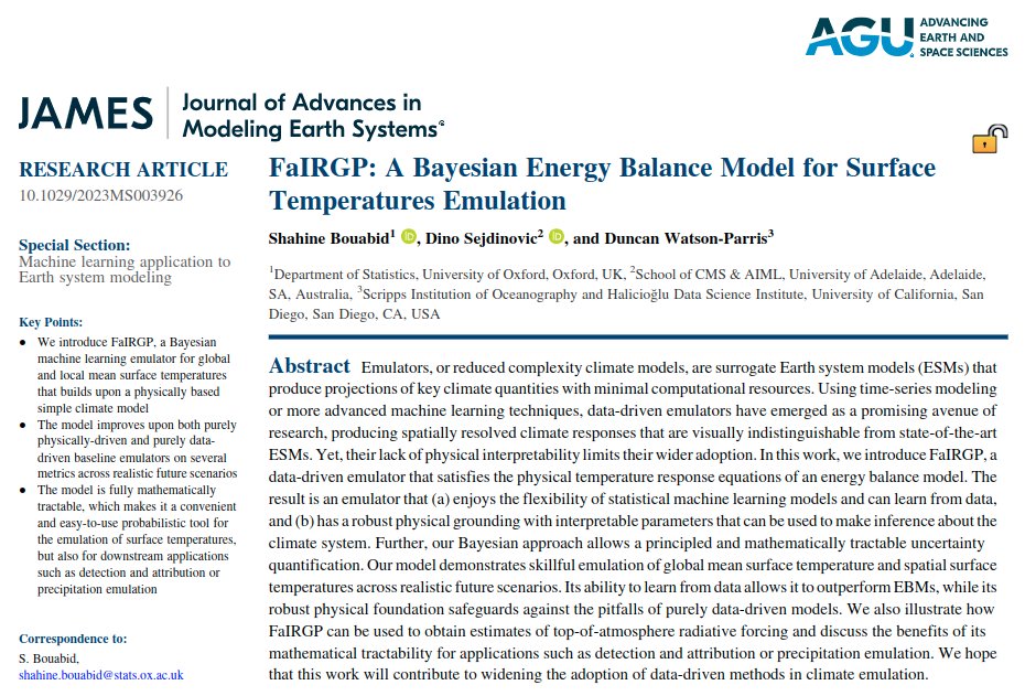 Shahine Bouabid š¦ (@shbouabid) on Twitter photo š¢š„³FaIRGP is out!
It's a mathematically tractable and easy-to-use probabilistic ML emulator of surface temperatures that uses FaIR as its backbone. This hybrid model improves over purely physics or data-driven emulators with uncertainty quantification!
agupubs.onlinelibrary.wiley.com/doi/10.1029/20ā¦ š¢š„³FaIRGP is out!
It's a mathematically tractable and easy-to-use probabilistic ML emulator of surface temperatures that uses FaIR as its backbone. This hybrid model improves over purely physics or data-driven emulators with uncertainty quantification!
agupubs.onlinelibrary.wiley.com/doi/10.1029/20ā¦