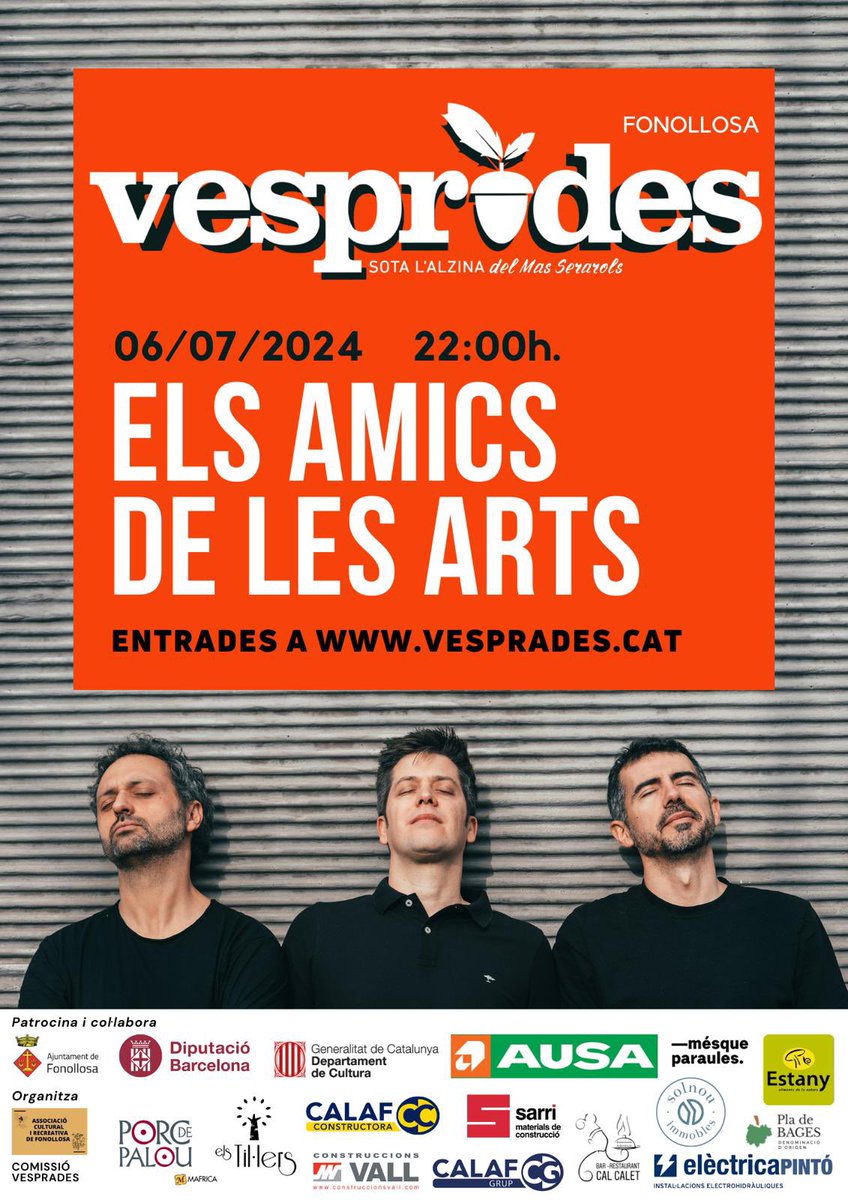 Vesprades1's tweet photo. Vesprades 2024 amb @amicsdelesarts 

2 opcions d'entrades:

1. 🎵 Concert: Gaudeix d'una nit plena de música. 

2. 🍽️ Concert + sopar: Afegeix un deliciós sopar a la teva experiència.  

🌳🎶  

https://t.co/IO3Xw8APo2

#joVesprejo i tu? #LesVesprades #Música #Entorn #NitMàgica https://t.co/HQn594pRnN