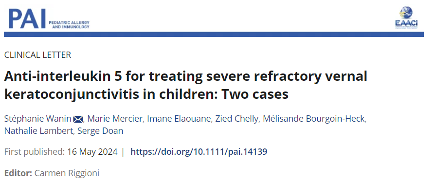 pai_eaaci's tweet image. Have you read the #clinicalletter “Anti-interleukin 5 for treating severe #refractory vernal #keratoconjunctivitis in children: Two cases” published by Stéphanie Wanin et al. at the #PAI_Journal? 
Here: 🔗 doi.org/10.1111/pai.14…
#Antiinterleukin #IL5 #vernalkeratoconjunctivitis